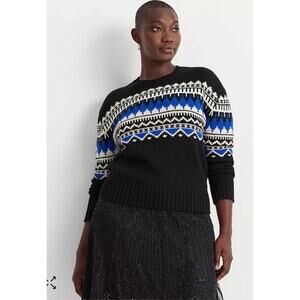 Lauren Ralph Lauren Womens Fair Isle Wool Blend Knit Sweater Black Blue SZ L NWT